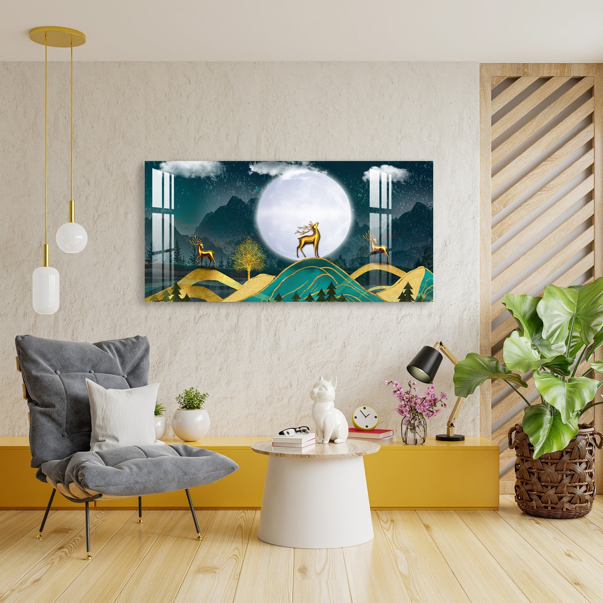 Golden Deer Moonlight Landscape Artistic Premium Acrylic wall painting