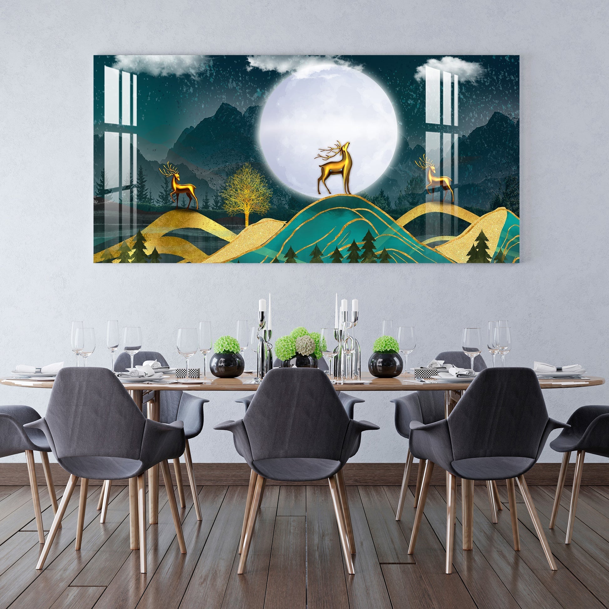 Golden Deer Moonlight Landscape Artistic Premium Acrylic wall painting