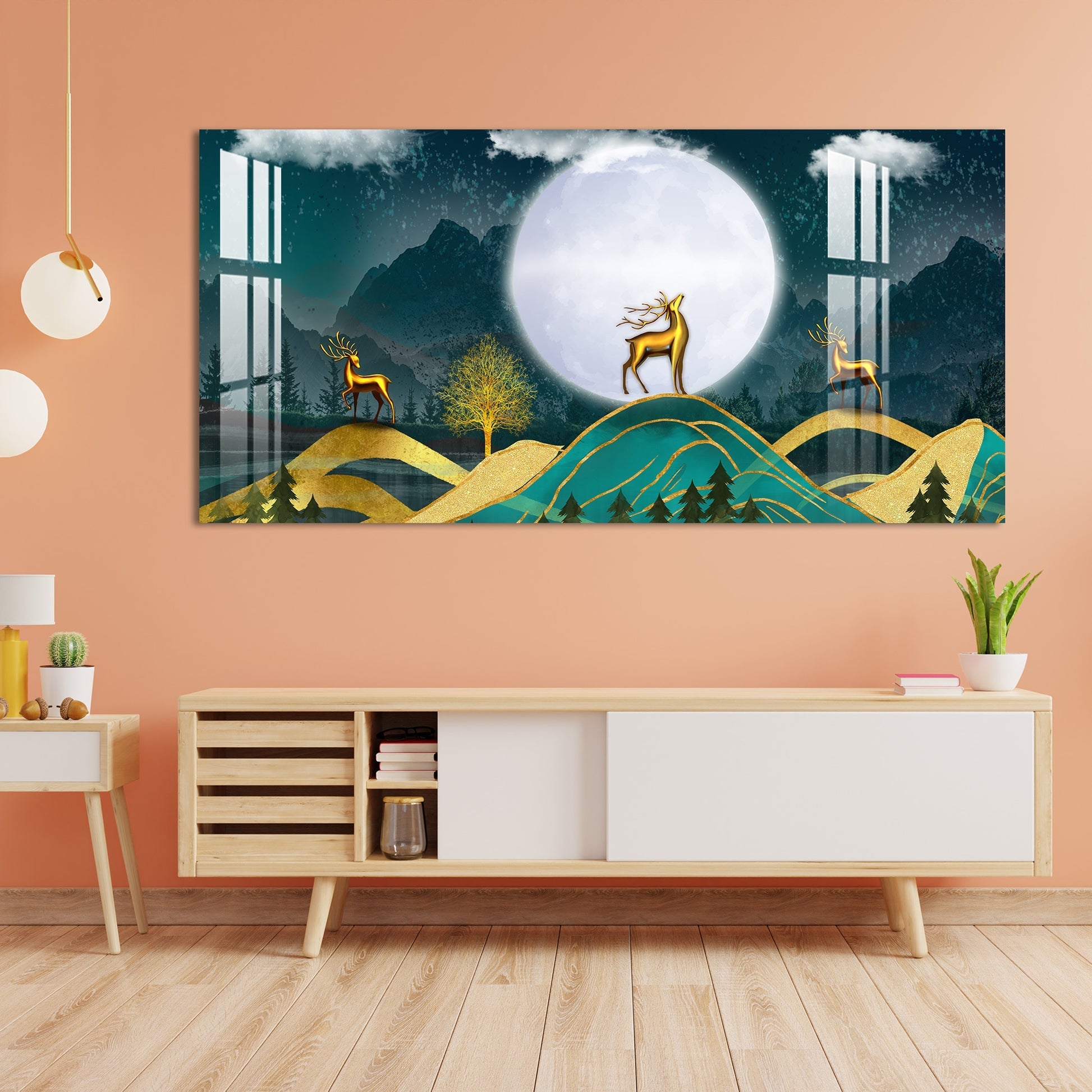 Golden Deer Moonlight Landscape Artistic Premium Acrylic wall painting