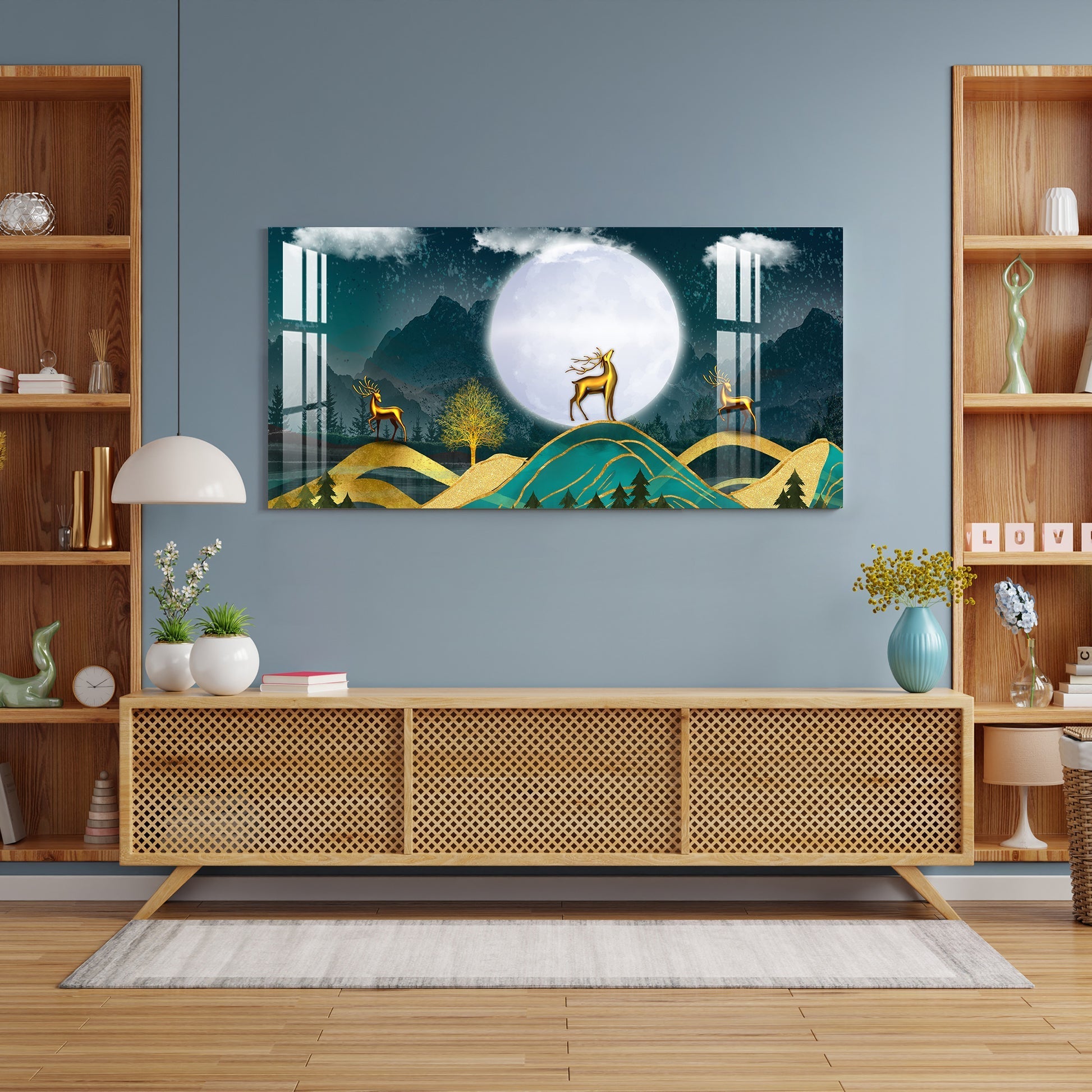 Golden Deer Moonlight Landscape Artistic Premium Acrylic wall painting
