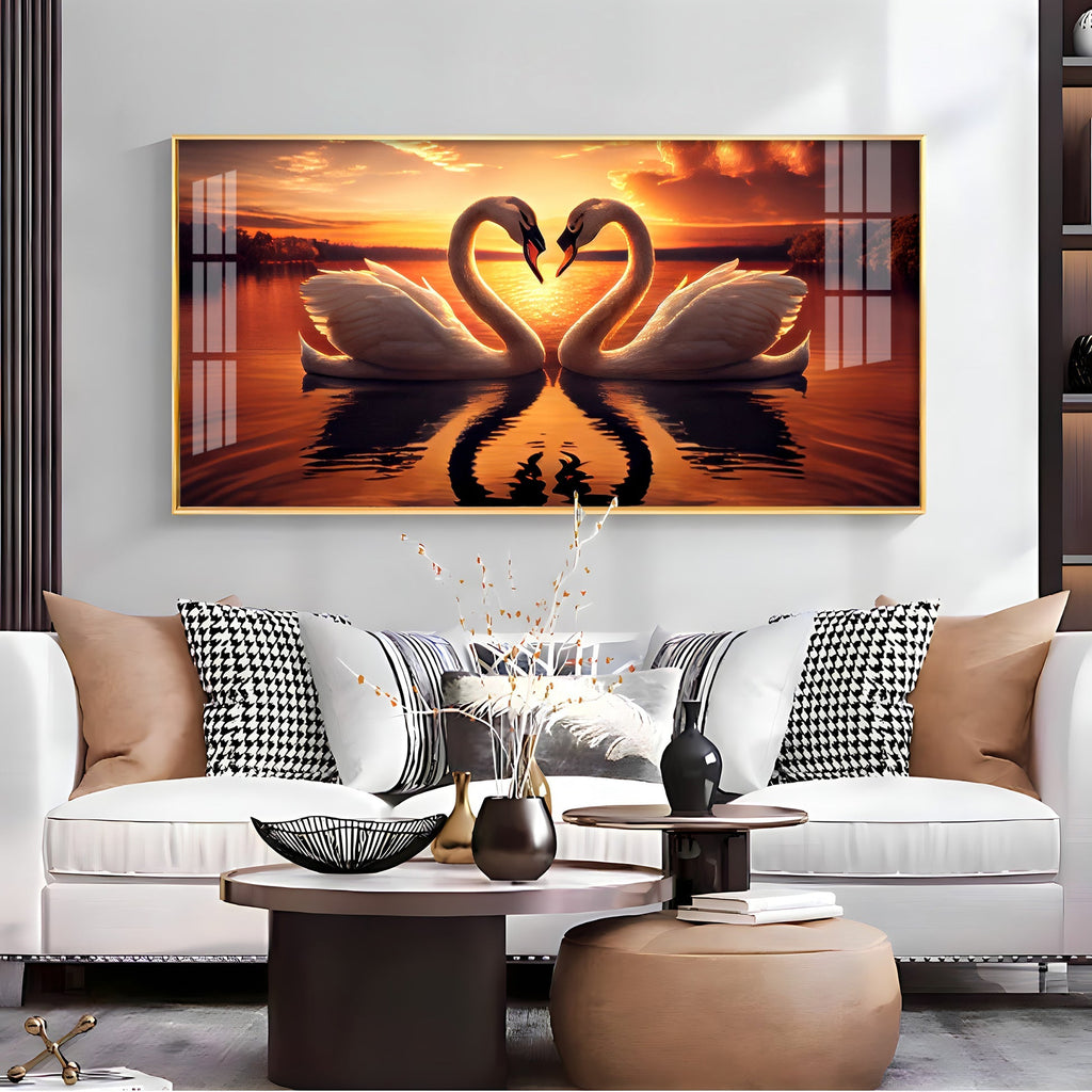 Love Birds Swan Couple Golden Hour Acrylic wall painting