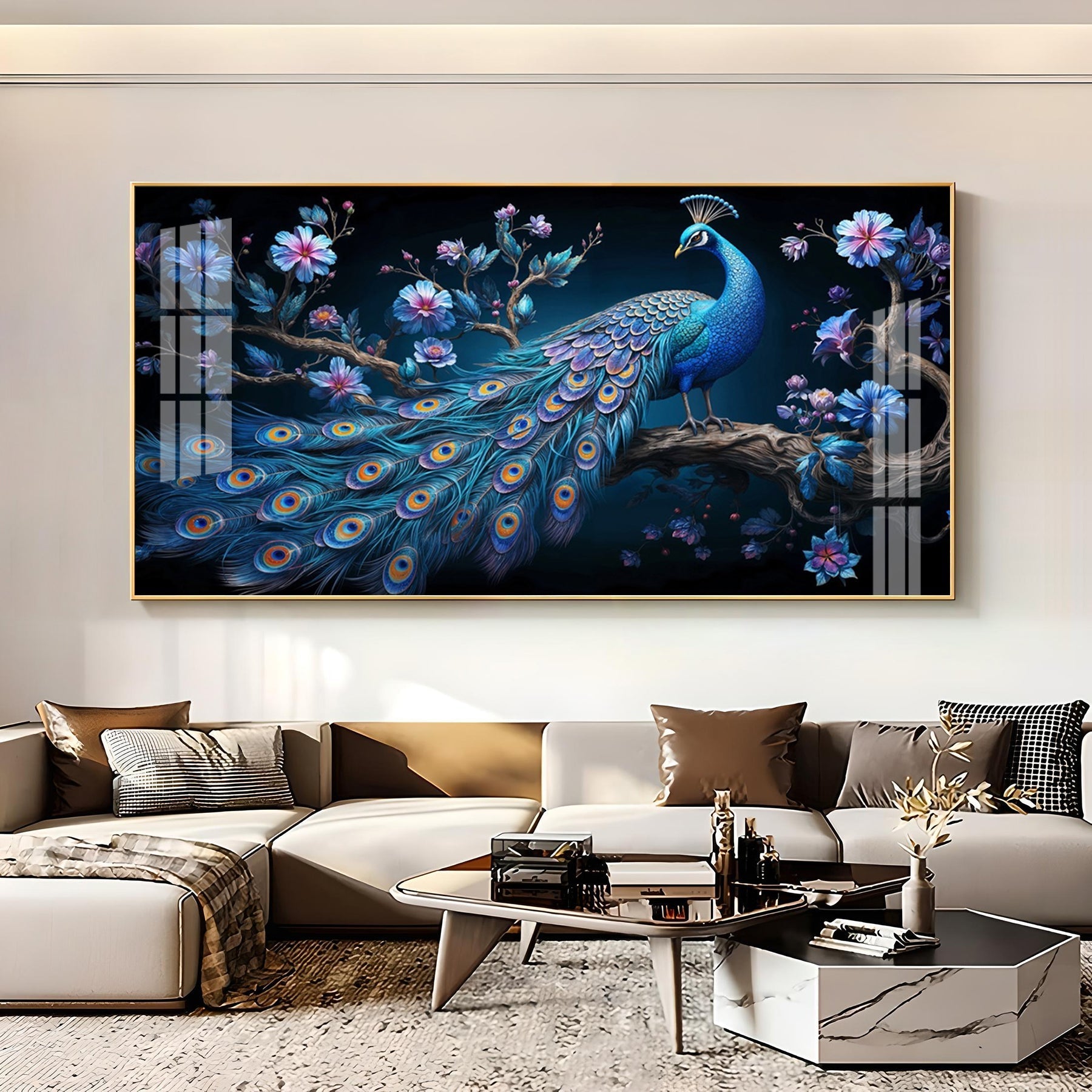 Royal Peacock Floral Night Theme Premium Acrylic wall painting