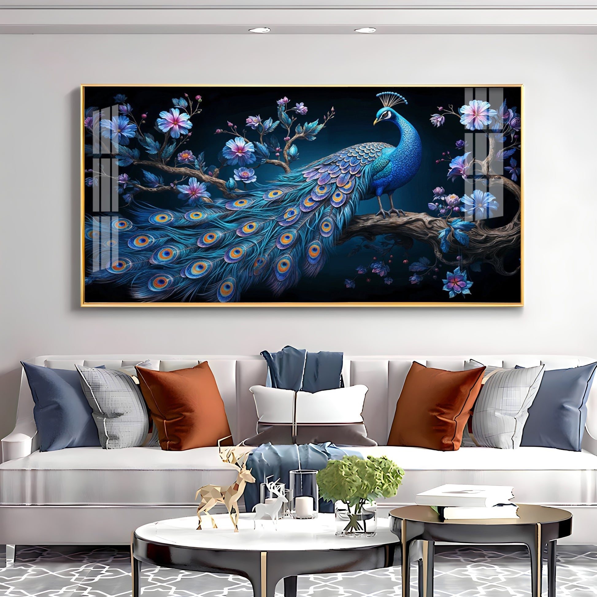 Royal Peacock Floral Night Theme Premium Acrylic wall painting