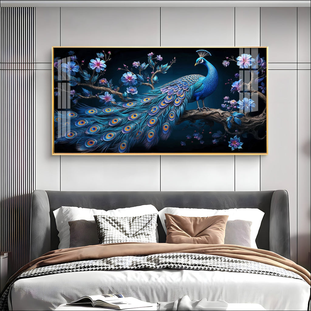 Royal Peacock Floral Night Theme Premium Acrylic wall painting