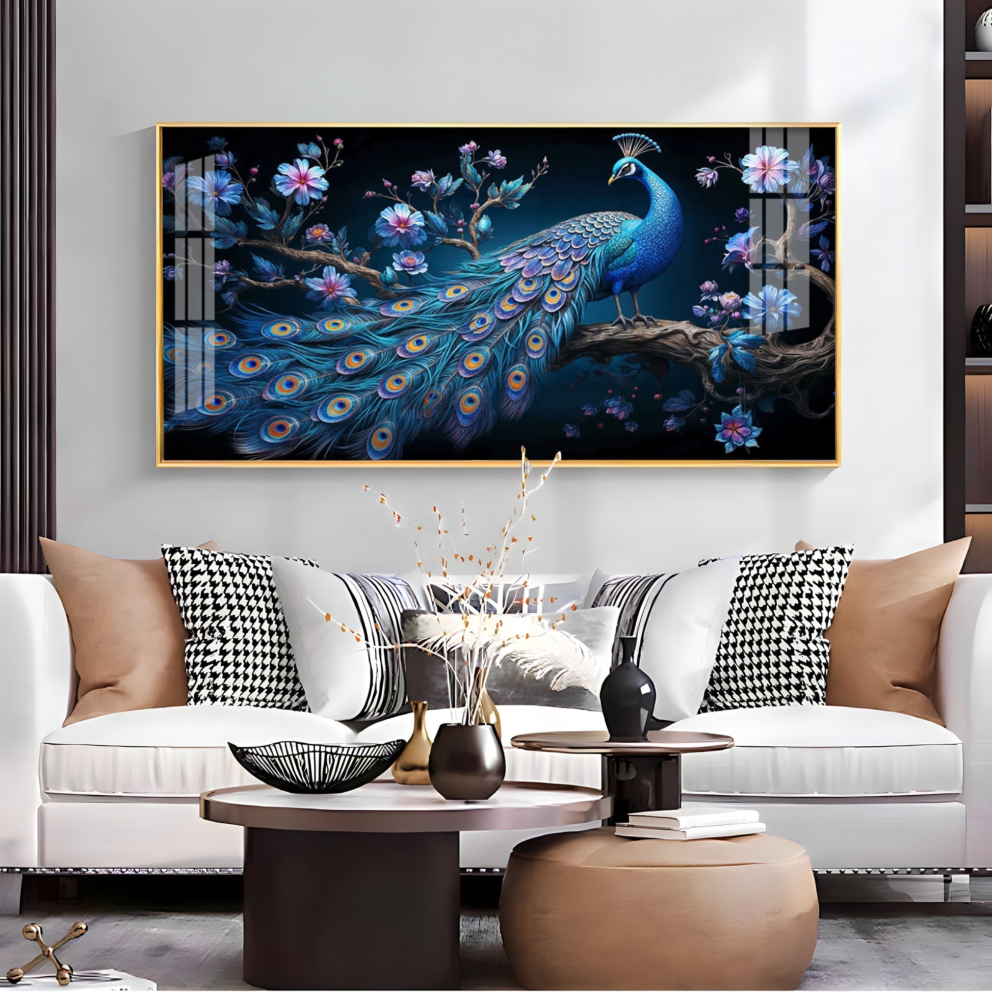 Royal Peacock Floral Night Theme Premium Acrylic wall painting