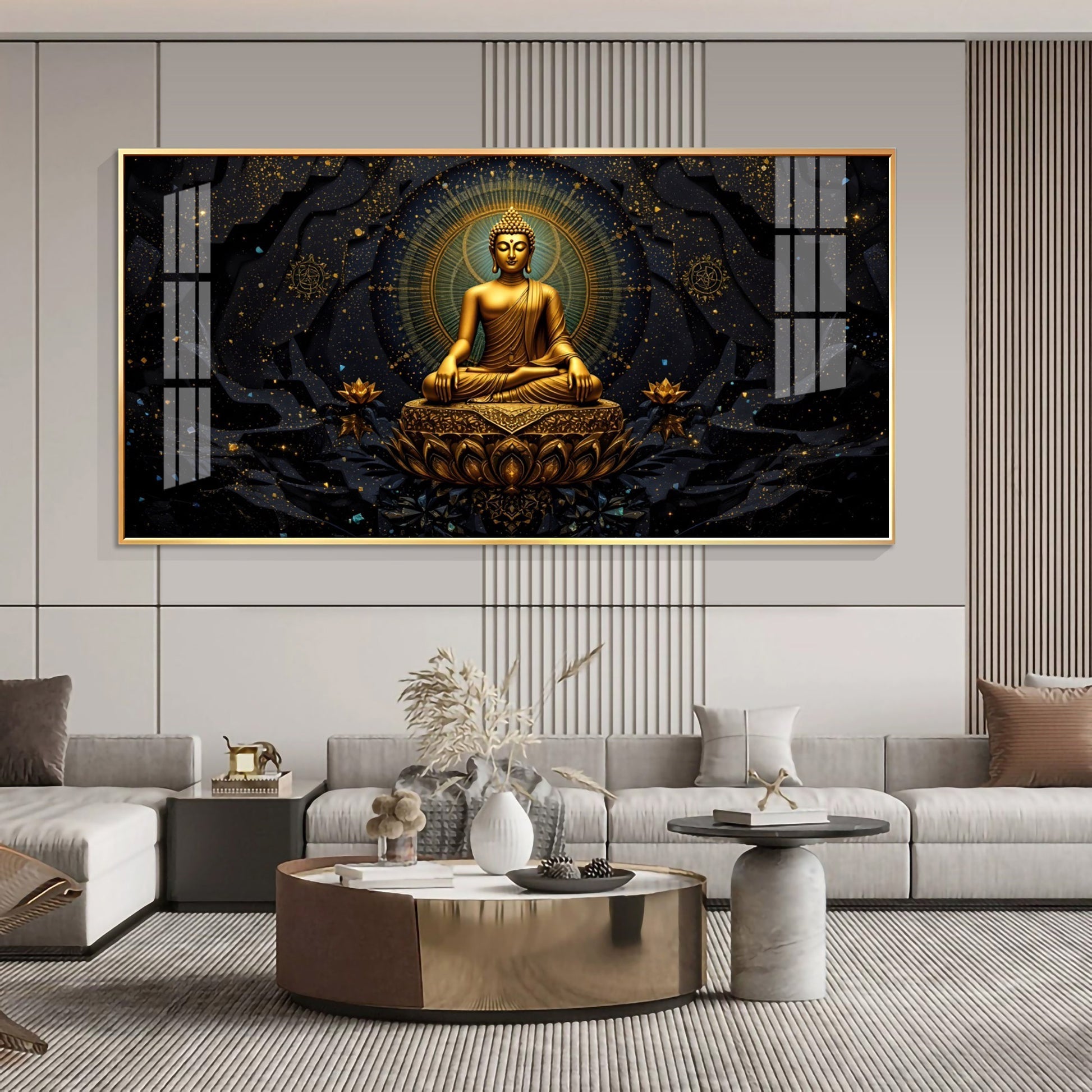 Luxury Golden Buddha Meditation Dark Theme acrylic wall painting