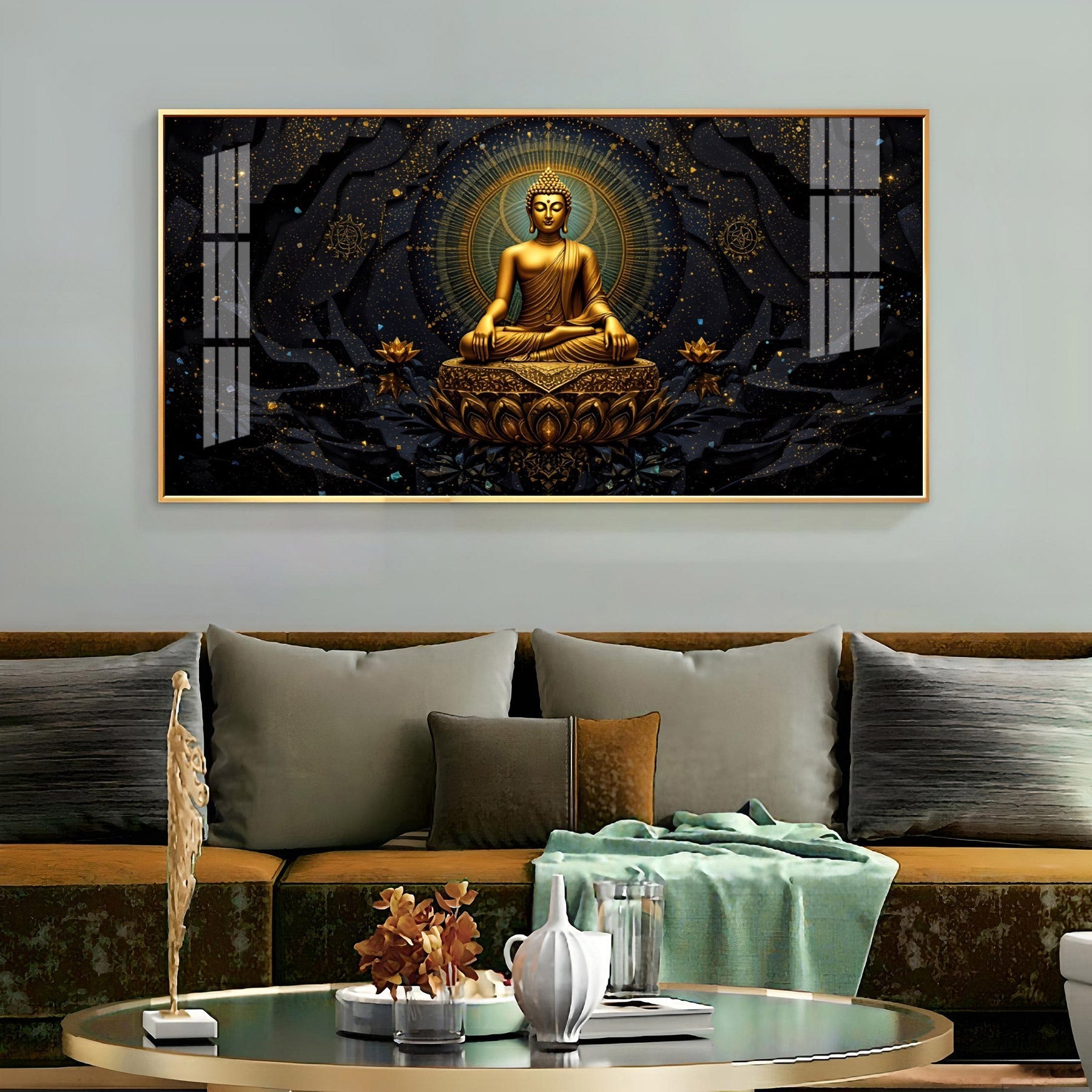 Luxury Golden Buddha Meditation Dark Theme acrylic wall painting