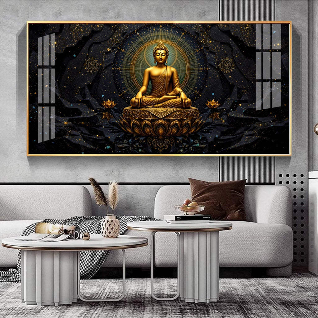 Luxury Golden Buddha Meditation Dark Theme acrylic wall painting