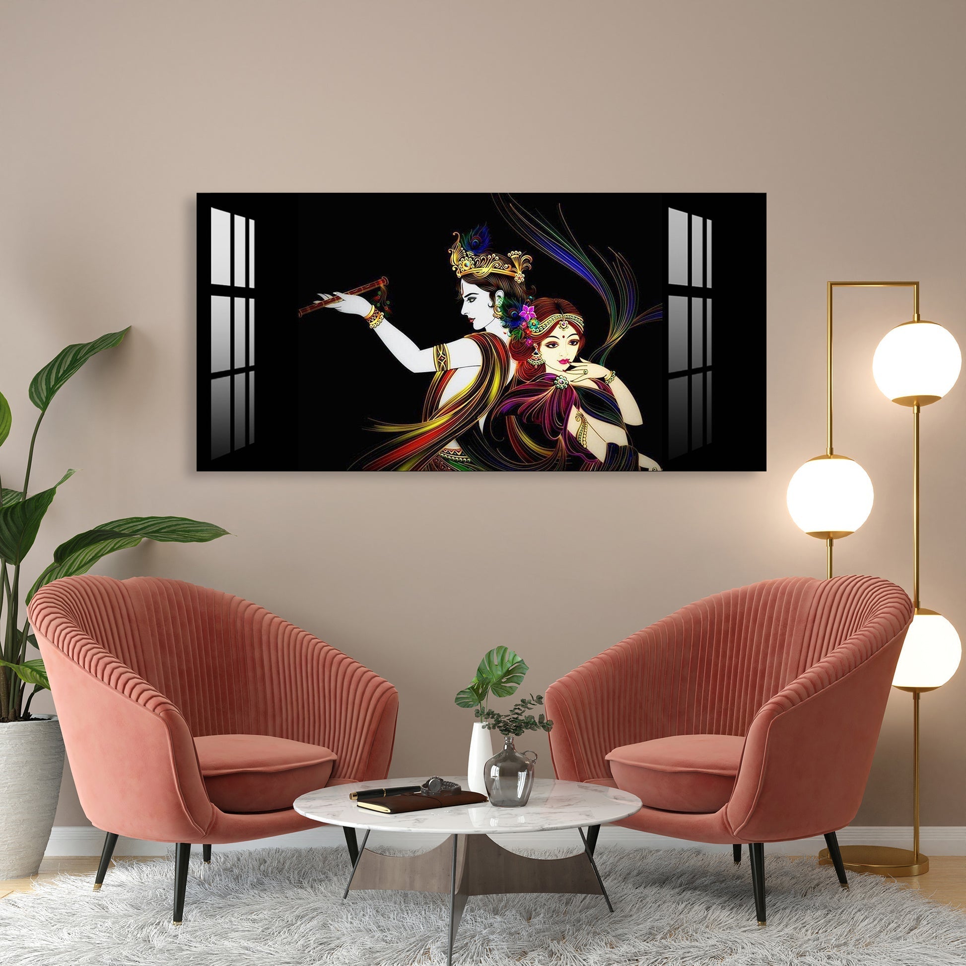 Elegant Radha Krishna Flute Art Black Theme acrylic wall painting