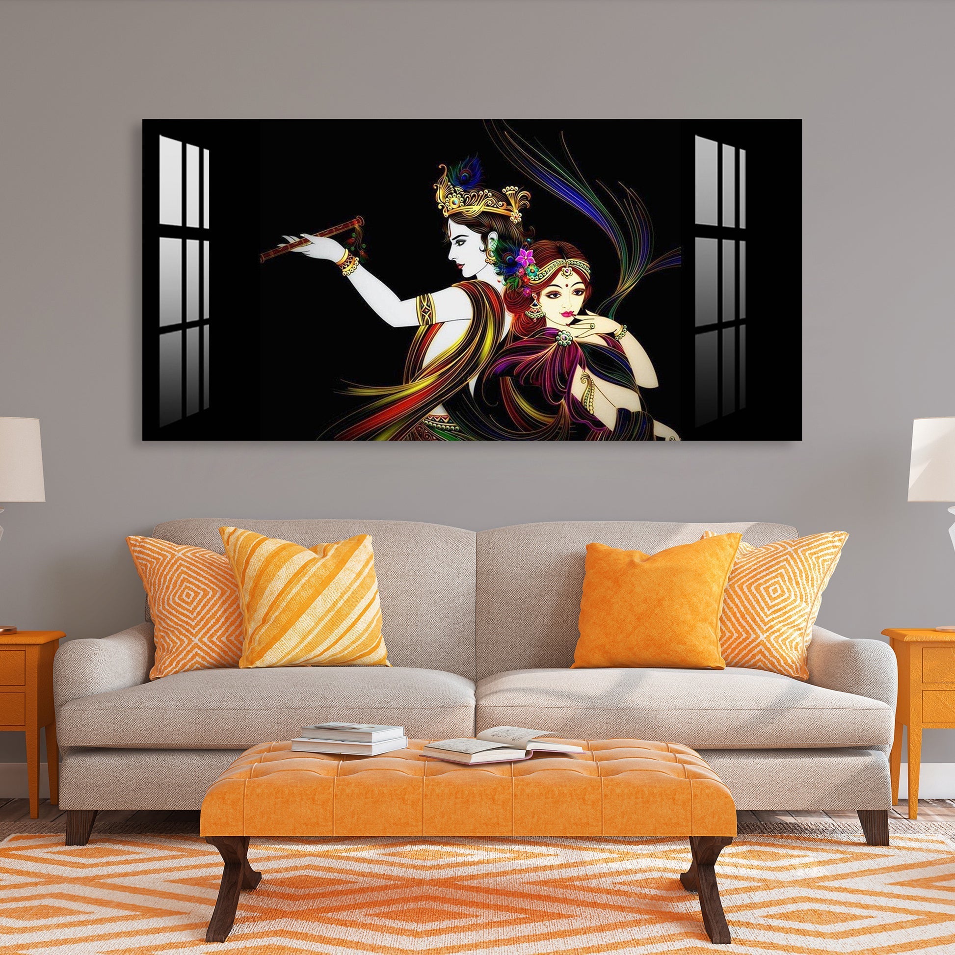 Elegant Radha Krishna Flute Art Black Theme acrylic wall painting