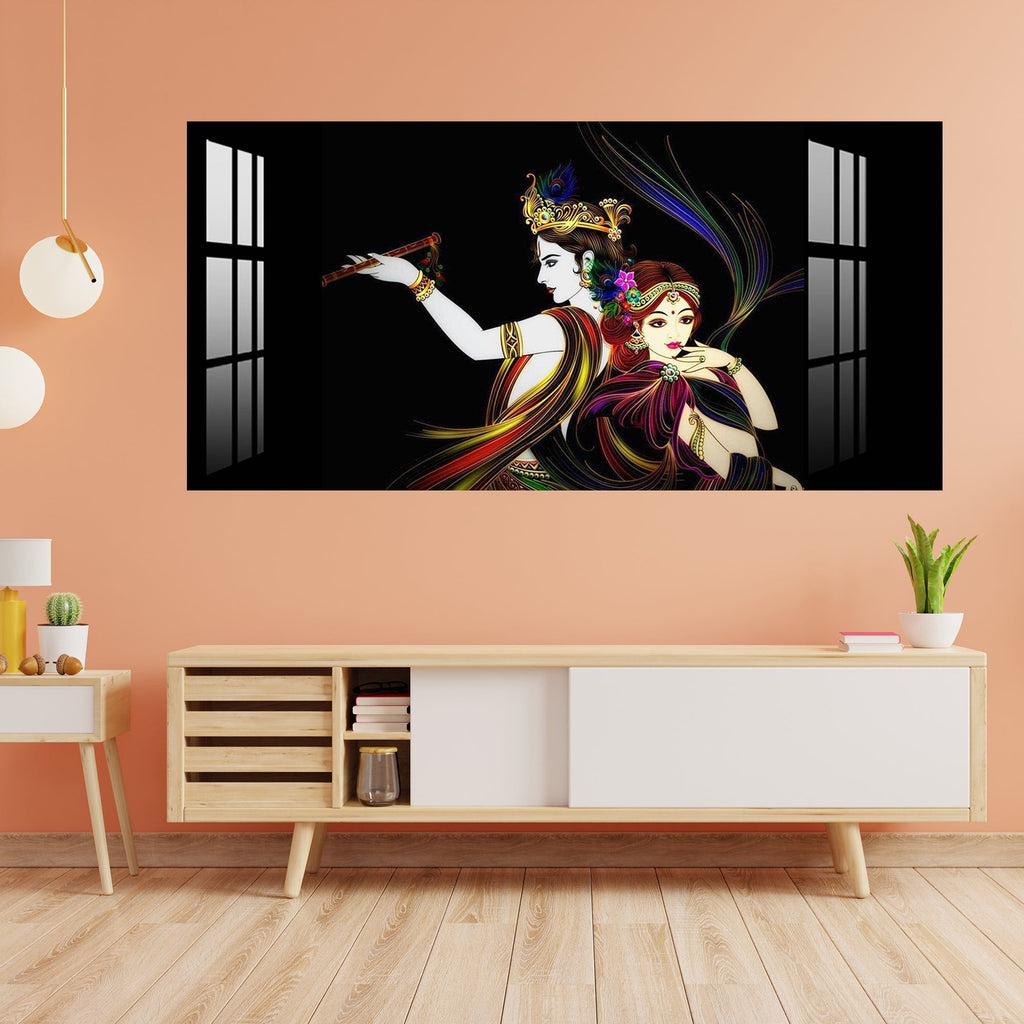 Elegant Radha Krishna Flute Art Black Theme acrylic wall painting