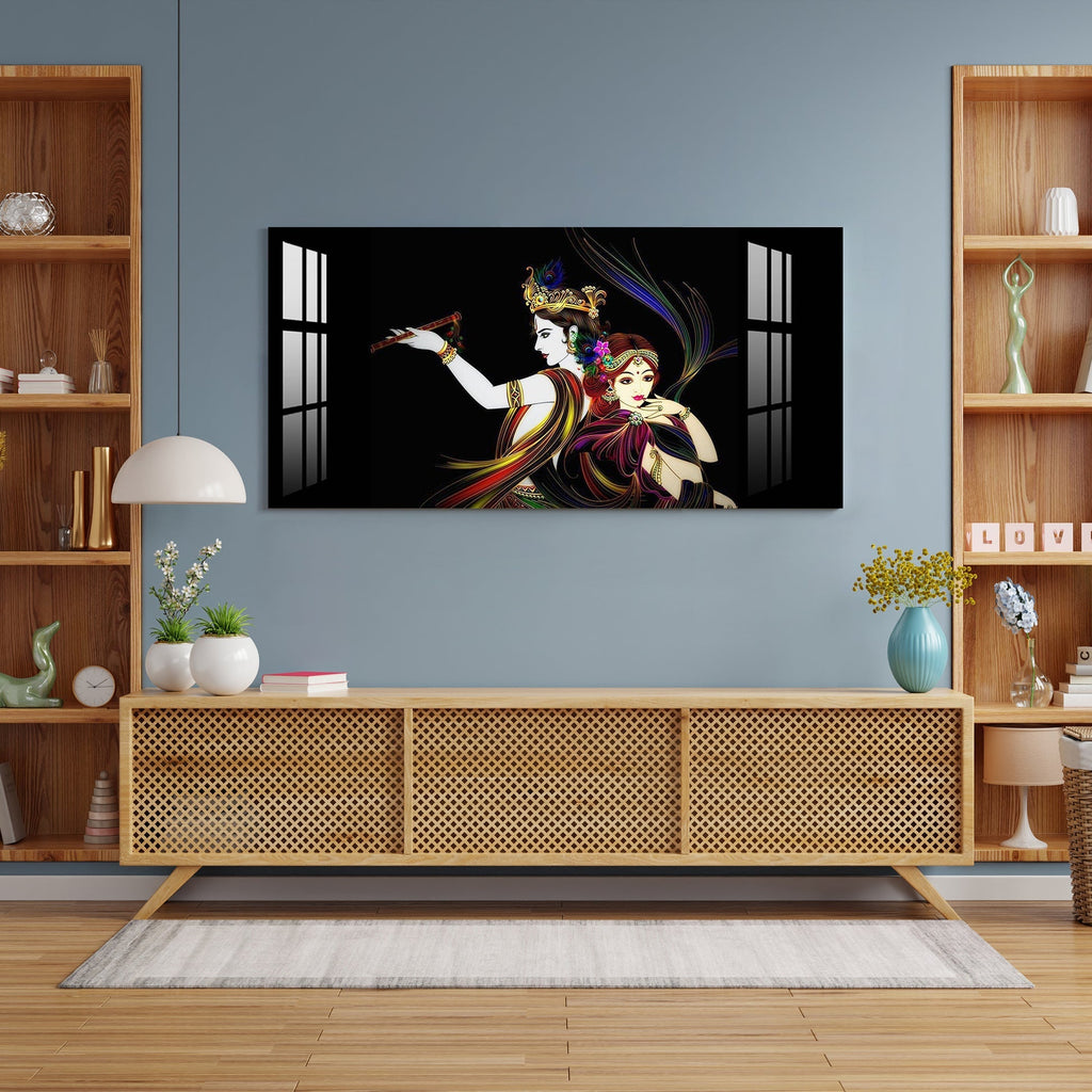 Elegant Radha Krishna Flute Art Black Theme acrylic wall painting