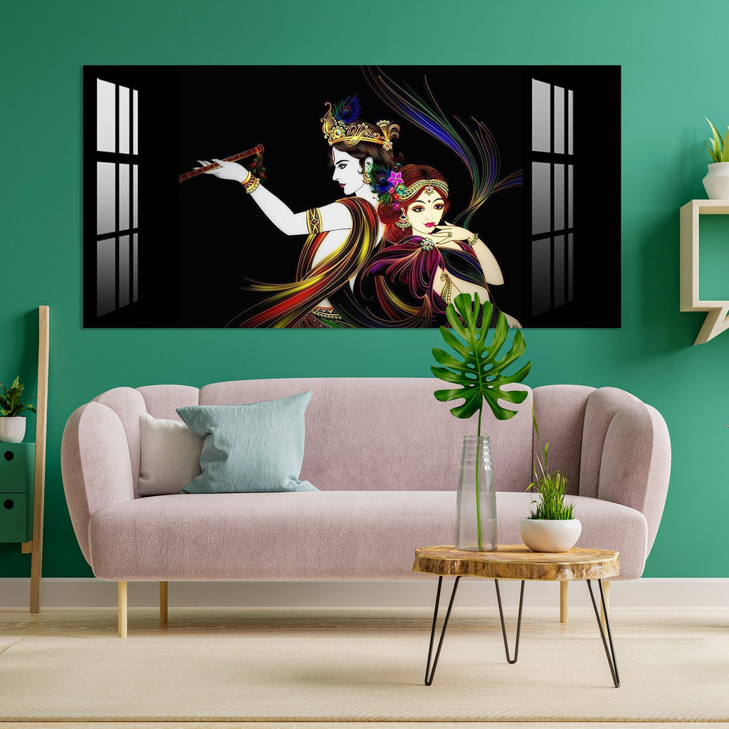 Elegant Radha Krishna Flute Art Black Theme acrylic wall painting