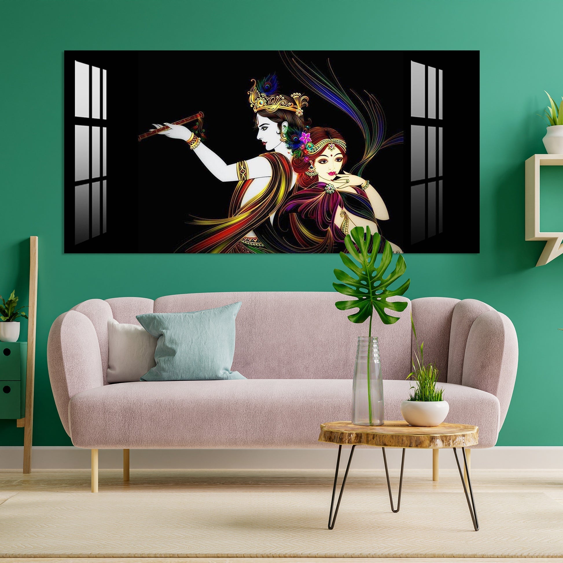 Elegant Radha Krishna Flute Art Black Theme acrylic wall painting