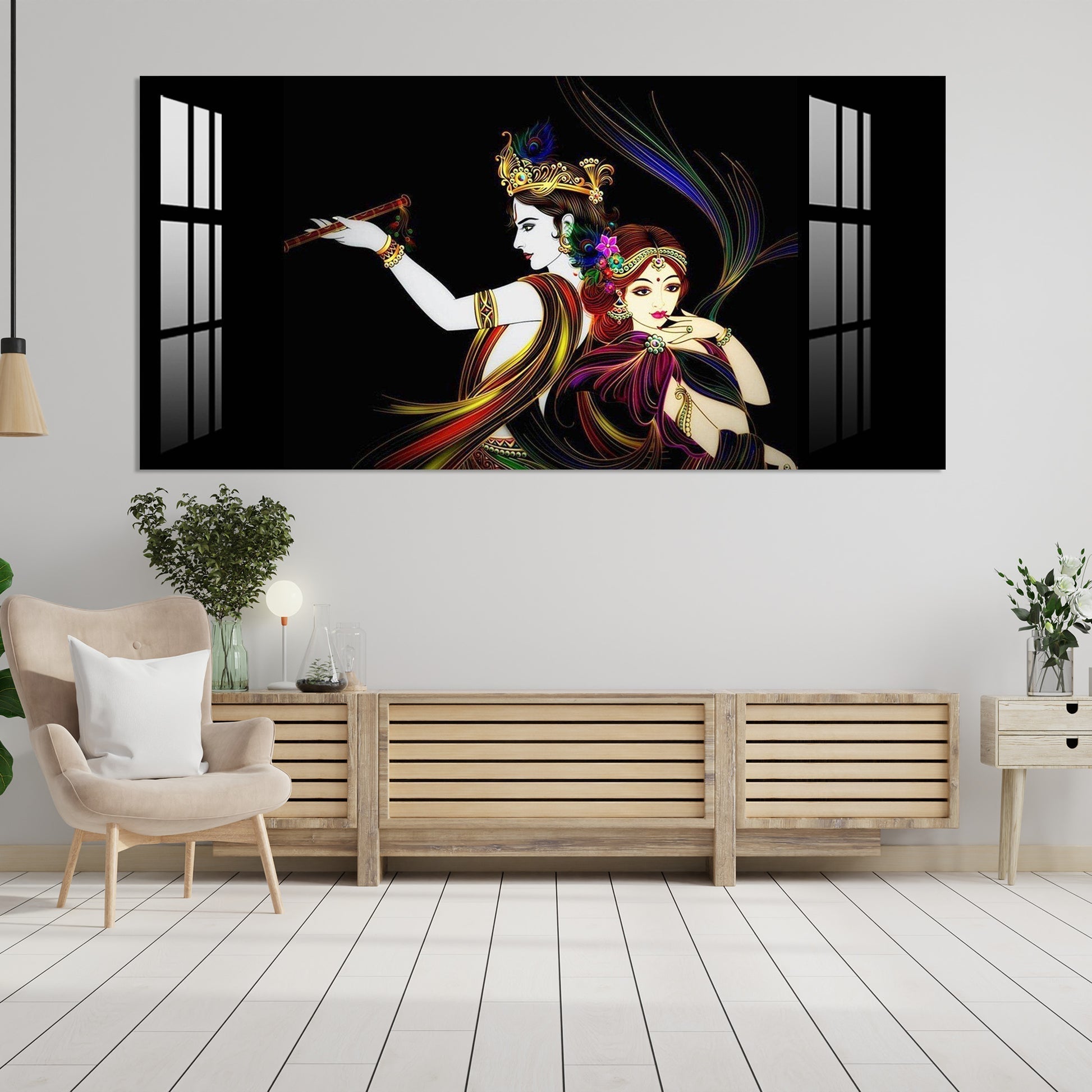 Elegant Radha Krishna Flute Art Black Theme acrylic wall painting