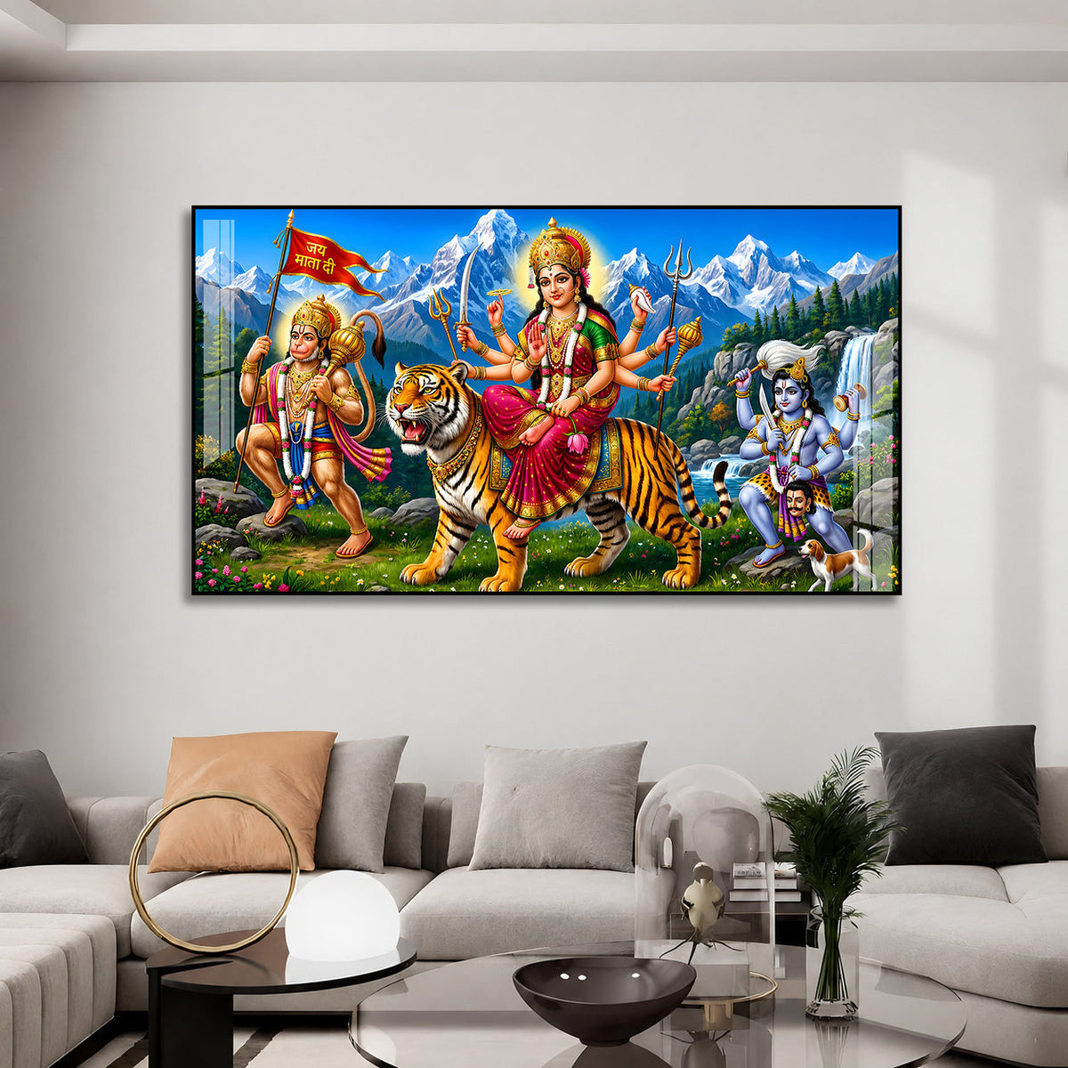Spiritual Durga Mata Acrylic Artwork with Himalayan Background for Home Decoration