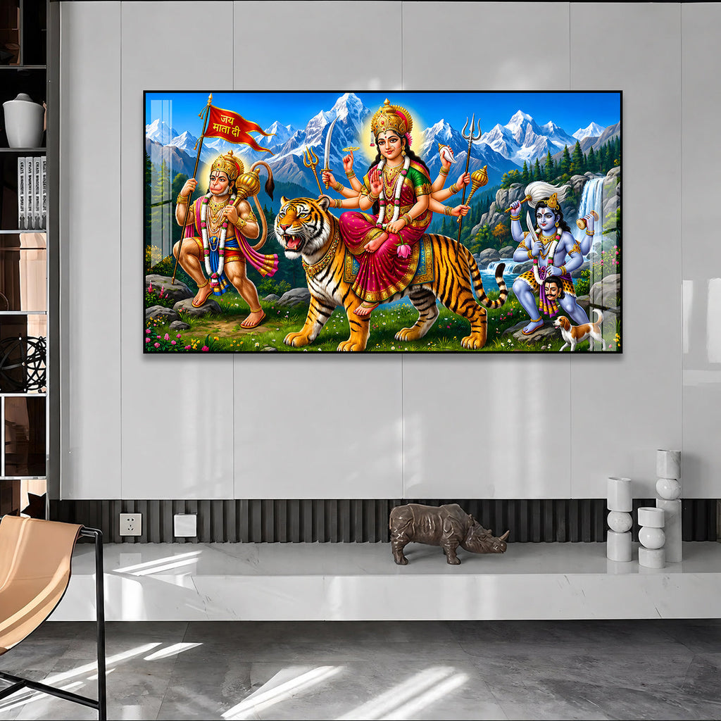 Spiritual Durga Mata Acrylic Artwork with Himalayan Background for Home Decoration