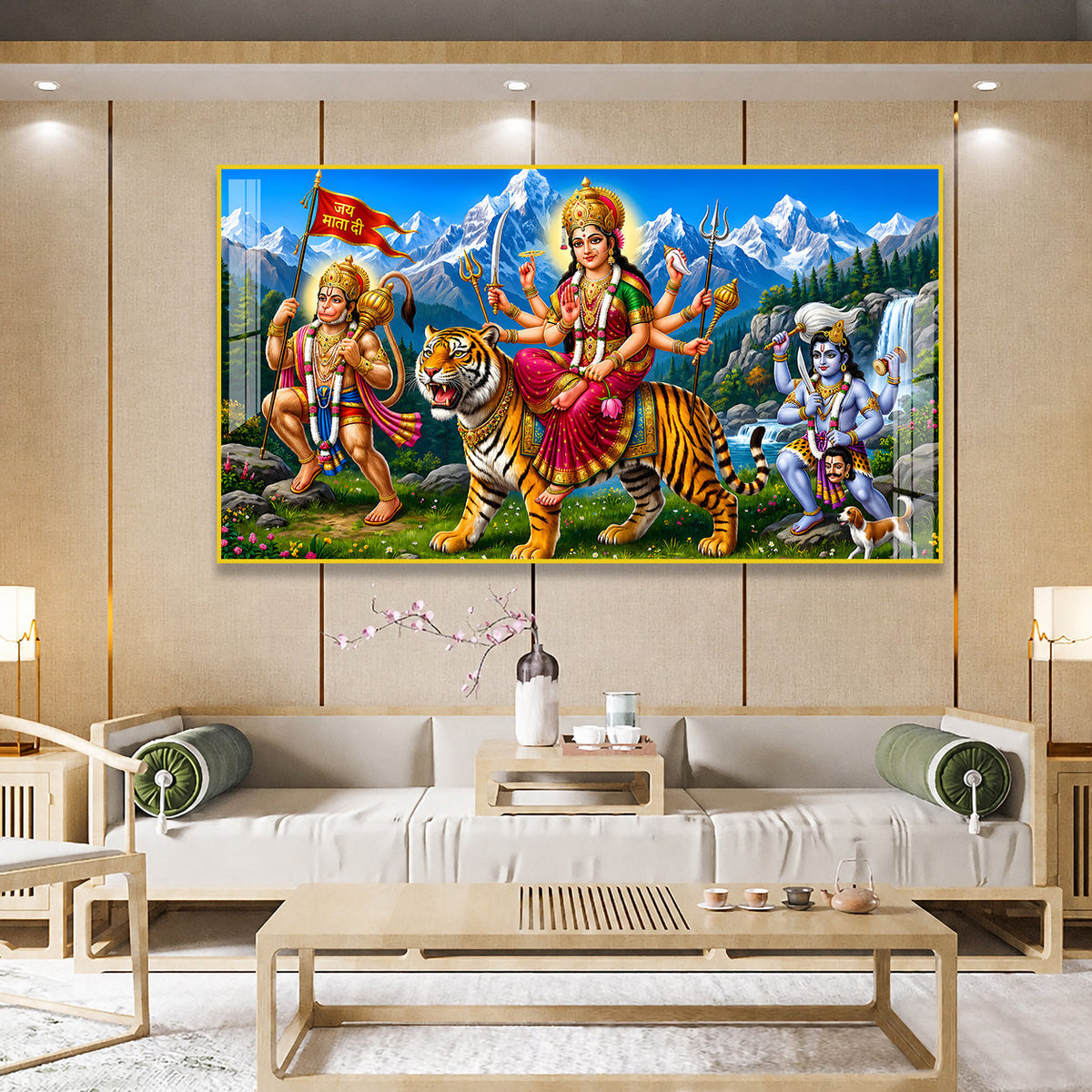 Spiritual Durga Mata Acrylic Artwork with Himalayan Background for Home Decoration