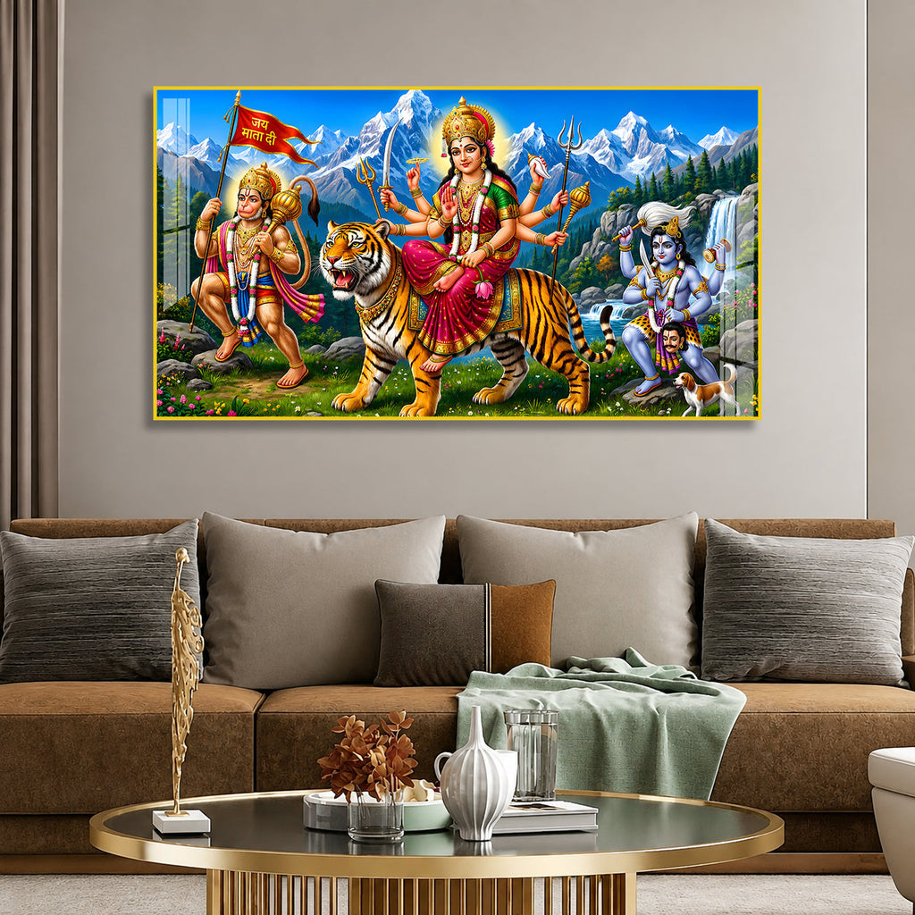 Spiritual Durga Mata Acrylic Artwork with Himalayan Background for Home Decoration