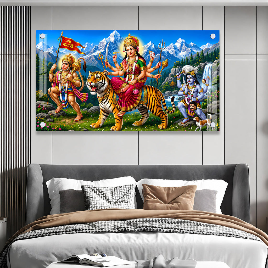 Spiritual Durga Mata Acrylic Artwork with Himalayan Background for Home Decoration