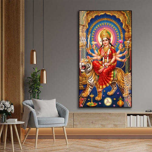 Powerful Durga Mata with Trishul Premium Acrylic Wall Painting for Spiritual Decor