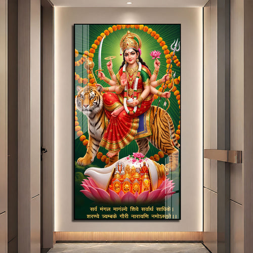 Goddess Durga Riding Tiger with Sacred Shankh Acrylic Wall Art for Home Temple