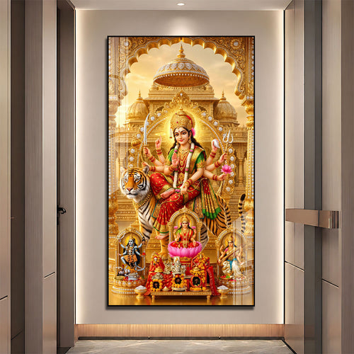 Maa Durga Riding Tiger with Divine Goddesses Acrylic Wall Painting for Home Decor