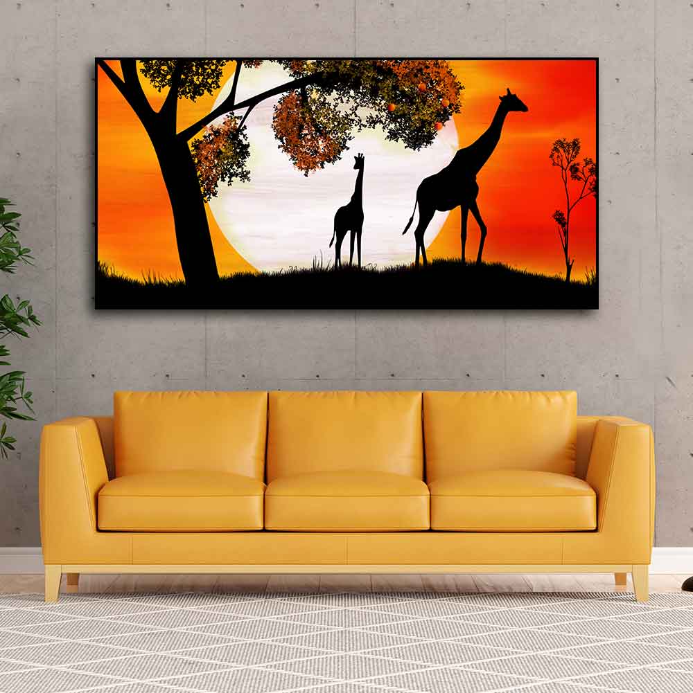 A Pair of Giraffe under a Tree in Sunset Canvas Wall Painting DECORMANTRA