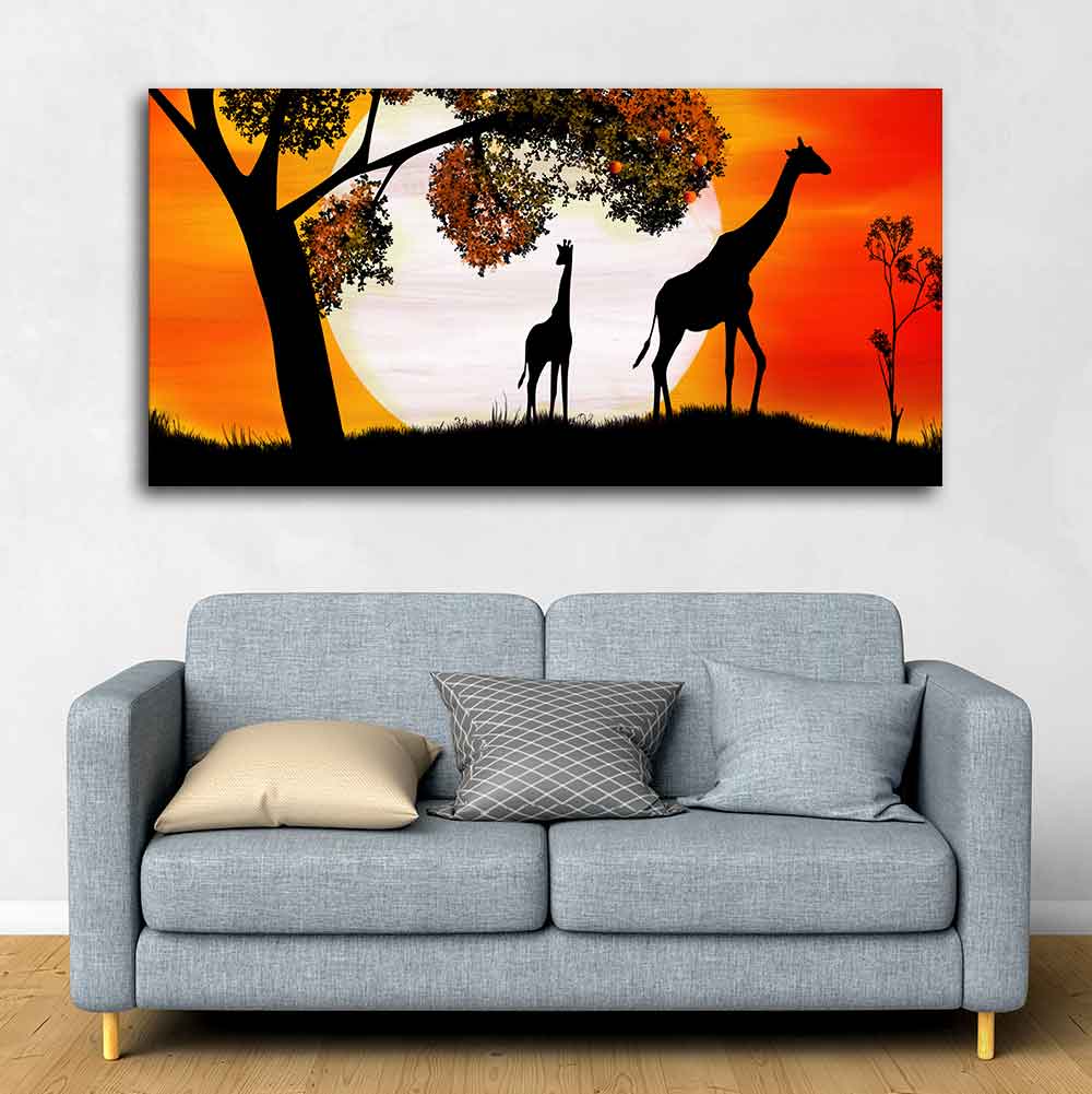 A Pair of Giraffe under a Tree in Sunset Canvas Wall Painting DECORMANTRA