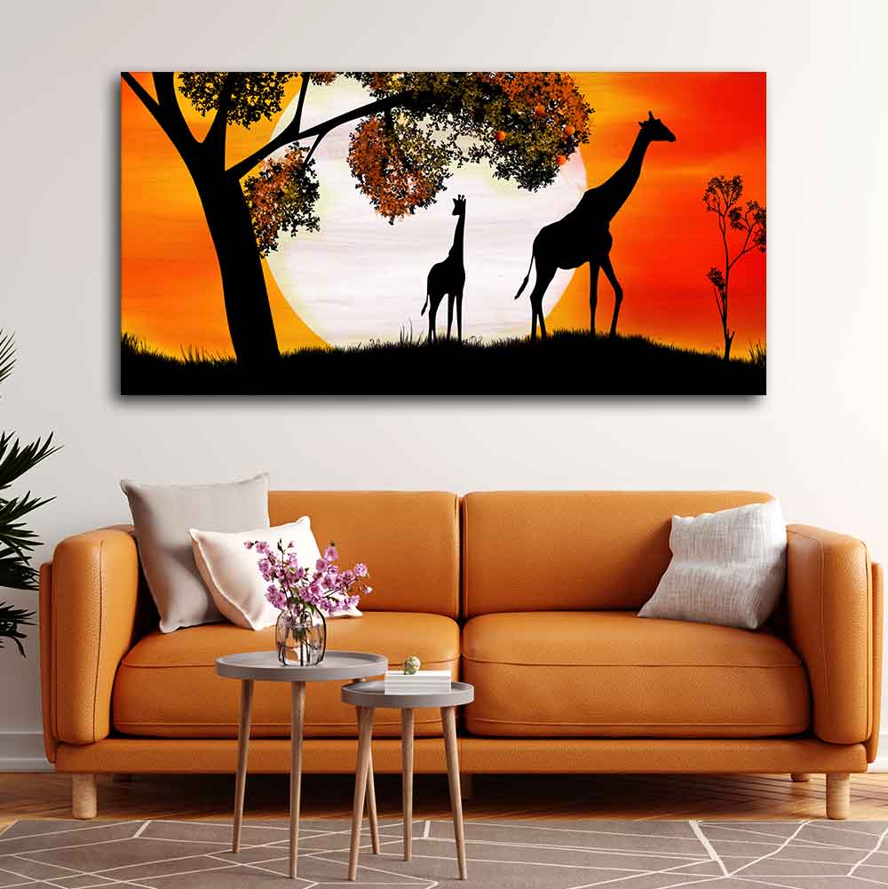 A Pair of Giraffe under a Tree in Sunset Canvas Wall Painting DECORMANTRA
