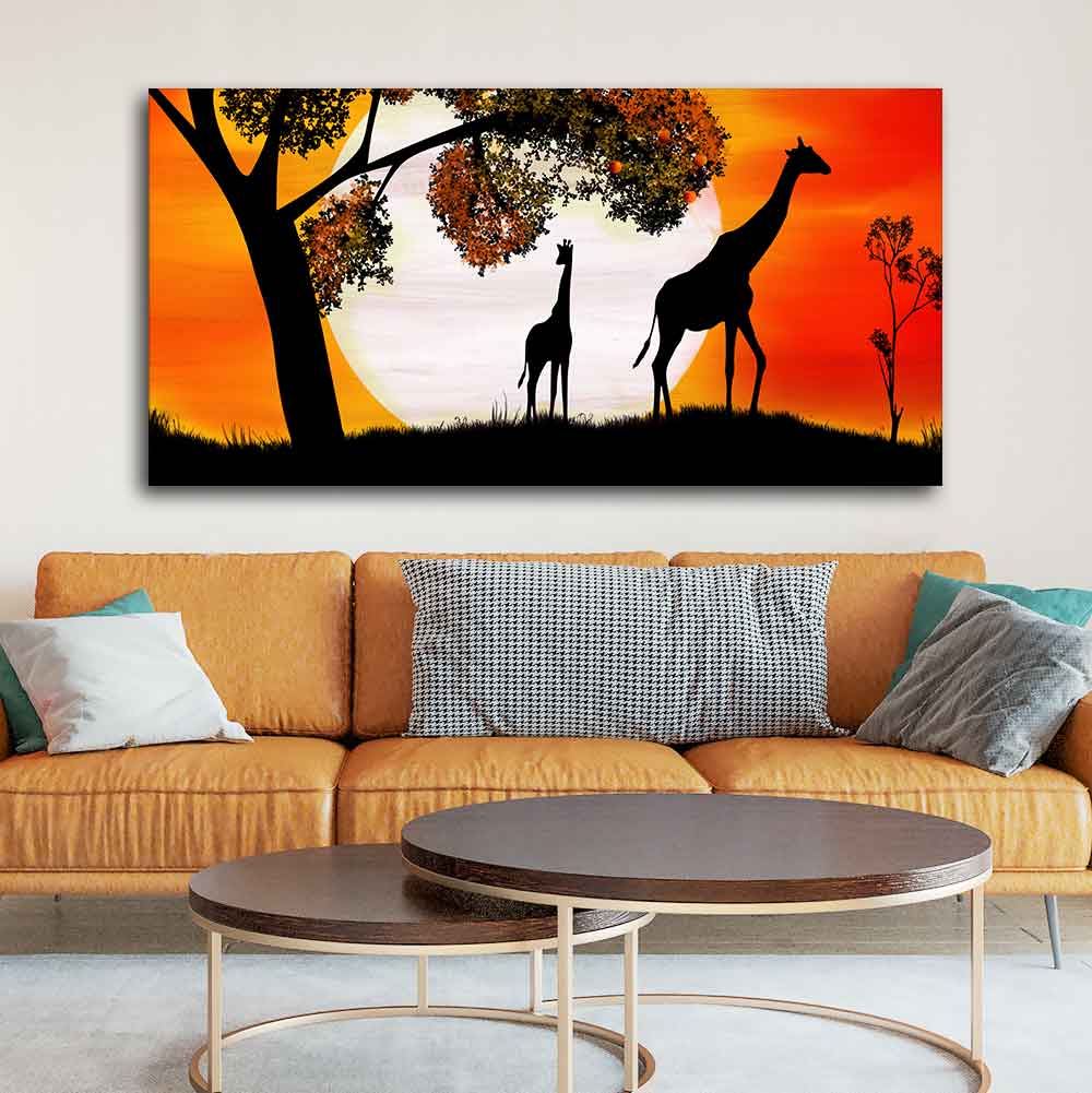 A Pair of Giraffe under a Tree in Sunset Canvas Wall Painting DECORMANTRA