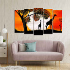 A Pair of Giraffe under a Tree in Sunset Canvas Wall Painting of Five Pieces DECORMANTRA