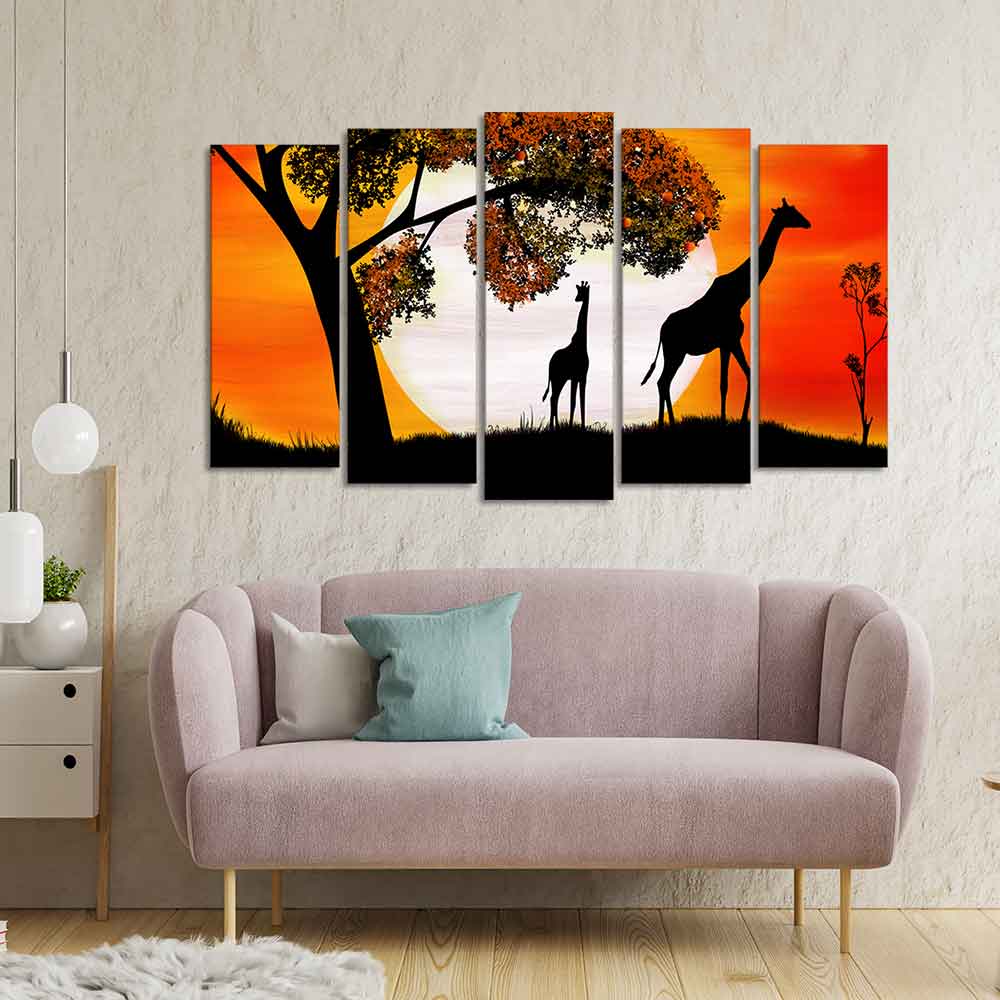 A Pair of Giraffe under a Tree in Sunset Canvas Wall Painting of Five Pieces DECORMANTRA