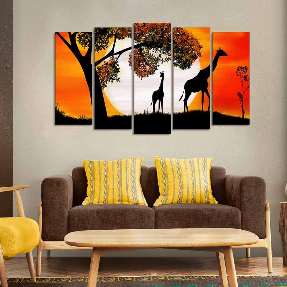 A Pair of Giraffe under a Tree in Sunset Canvas Wall Painting of Five Pieces DECORMANTRA