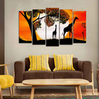 A Pair of Giraffe under a Tree in Sunset Canvas Wall Painting of Five Pieces DECORMANTRA