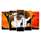 A Pair of Giraffe under a Tree in Sunset Canvas Wall Painting of Five Pieces DECORMANTRA
