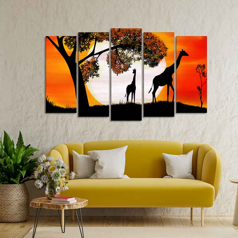 A Pair of Giraffe under a Tree in Sunset Canvas Wall Painting of Five Pieces DECORMANTRA