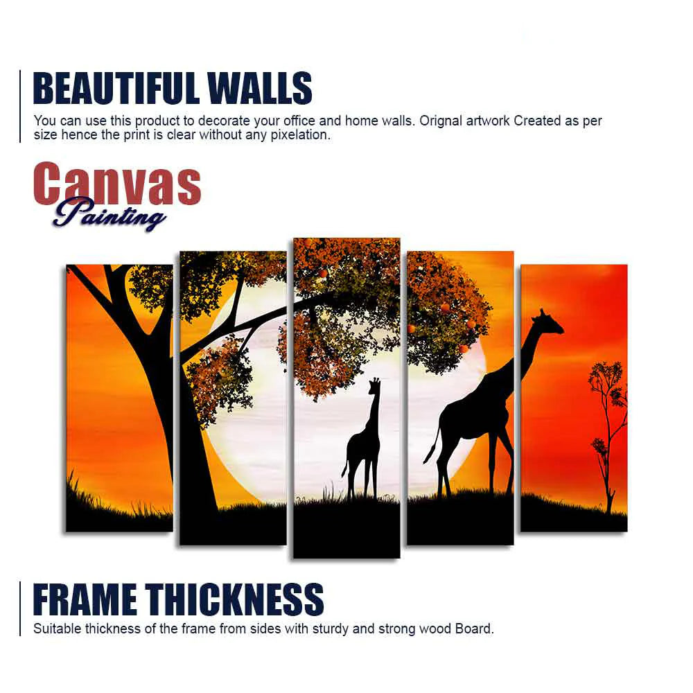 A Pair of Giraffe under a Tree in Sunset Canvas Wall Painting of Five Pieces DECORMANTRA