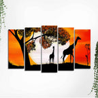 A Pair of Giraffe under a Tree in Sunset Canvas Wall Painting of Five Pieces DECORMANTRA
