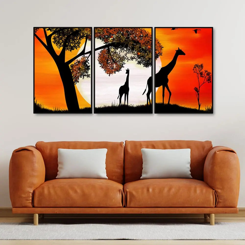 A Pair of Giraffe under a Tree in Sunset Floating Canvas Wall Painting Set of Three DECORMANTRA