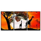 A Pair of Giraffe under a Tree in Sunset Floating Canvas Wall Painting Set of Three DECORMANTRA