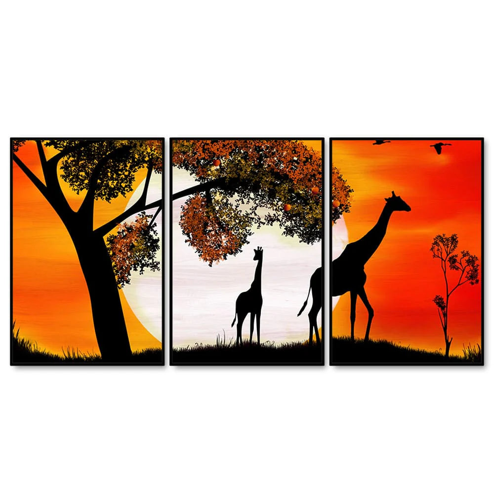 A Pair of Giraffe under a Tree in Sunset Floating Canvas Wall Painting Set of Three DECORMANTRA