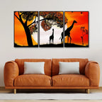A Pair of Giraffe under a Tree in Sunset Floating Canvas Wall Painting Set of Three DECORMANTRA