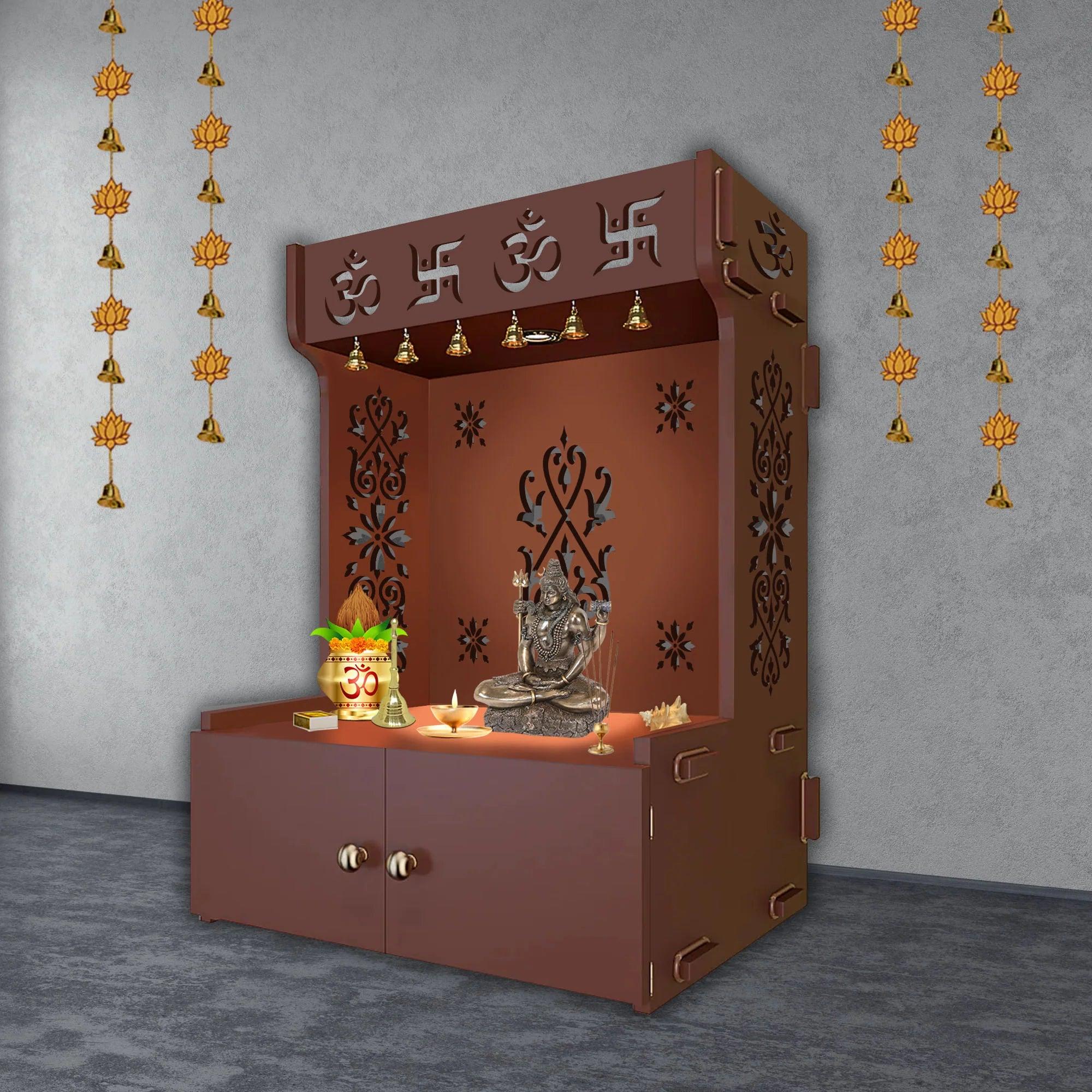 OM Swastika Symbol of Hindu Religious Floor Temple with Spacious Wooden Shelf & Inbuilt Focus Light- Brown Finish - Decor Mantra 