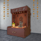 OM Swastika Symbol of Hindu Religious Floor Temple with Spacious Wooden Shelf & Inbuilt Focus Light- Brown Finish - Decor Mantra 