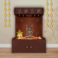 OM Swastika Symbol of Hindu Religious Floor Temple with Spacious Wooden Shelf & Inbuilt Focus Light- Brown Finish - Decor Mantra 
