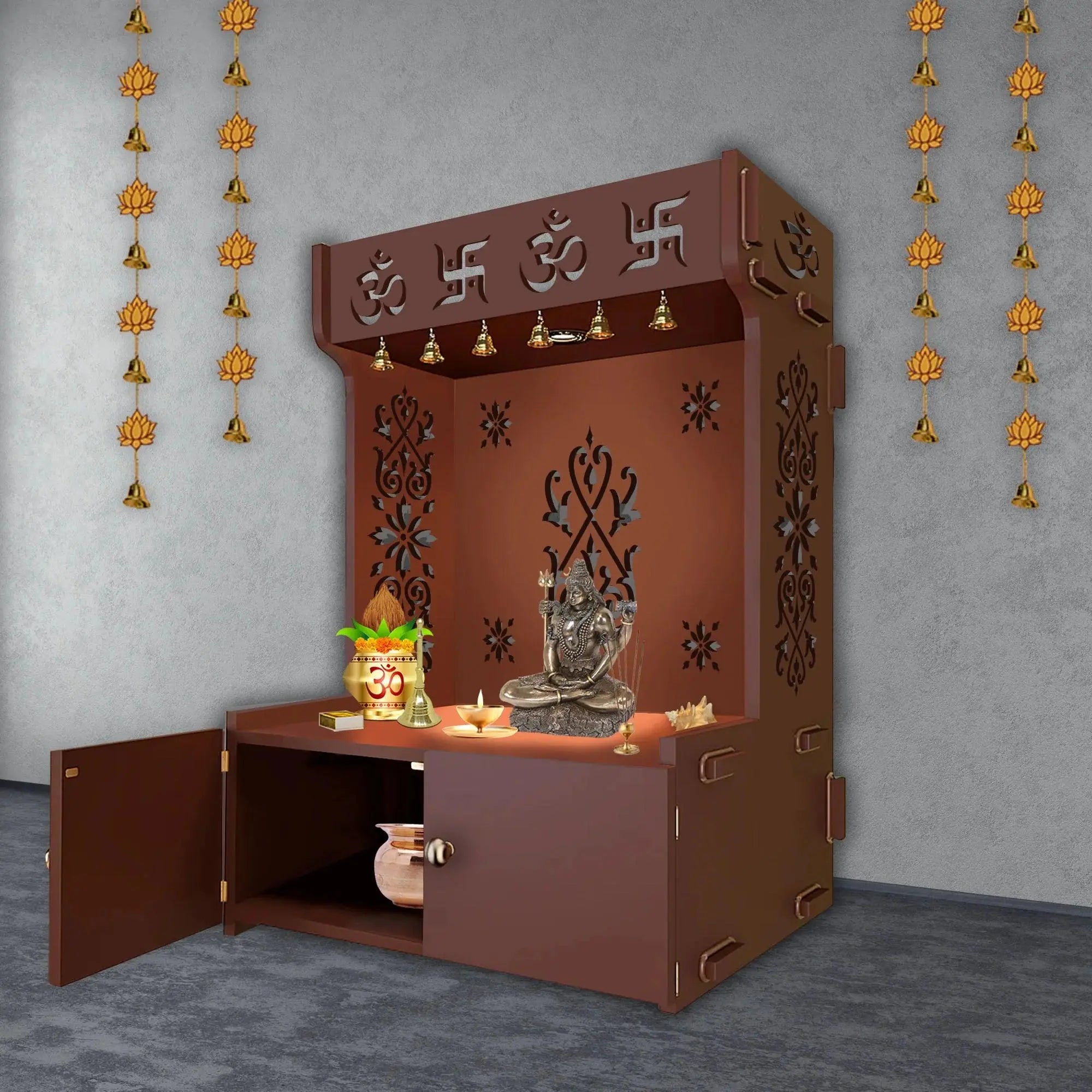 OM Swastika Symbol of Hindu Religious Floor Temple with Spacious Wooden Shelf & Inbuilt Focus Light- Brown Finish - Decor Mantra 