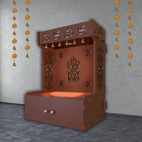 OM Swastika Symbol of Hindu Religious Floor Temple with Spacious Wooden Shelf & Inbuilt Focus Light- Brown Finish - Decor Mantra 