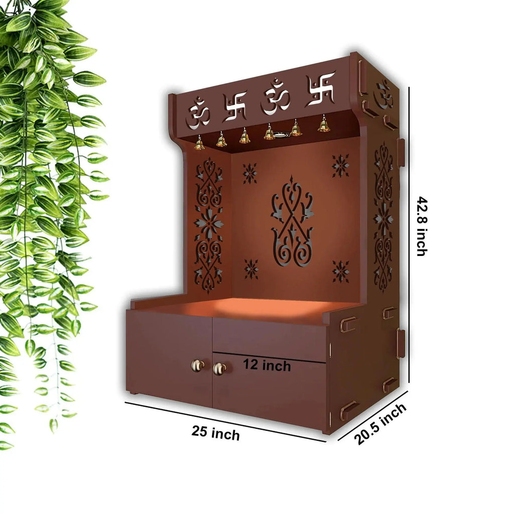 OM Swastika Symbol of Hindu Religious Floor Temple with Spacious Wooden Shelf & Inbuilt Focus Light- Brown Finish - Decor Mantra 