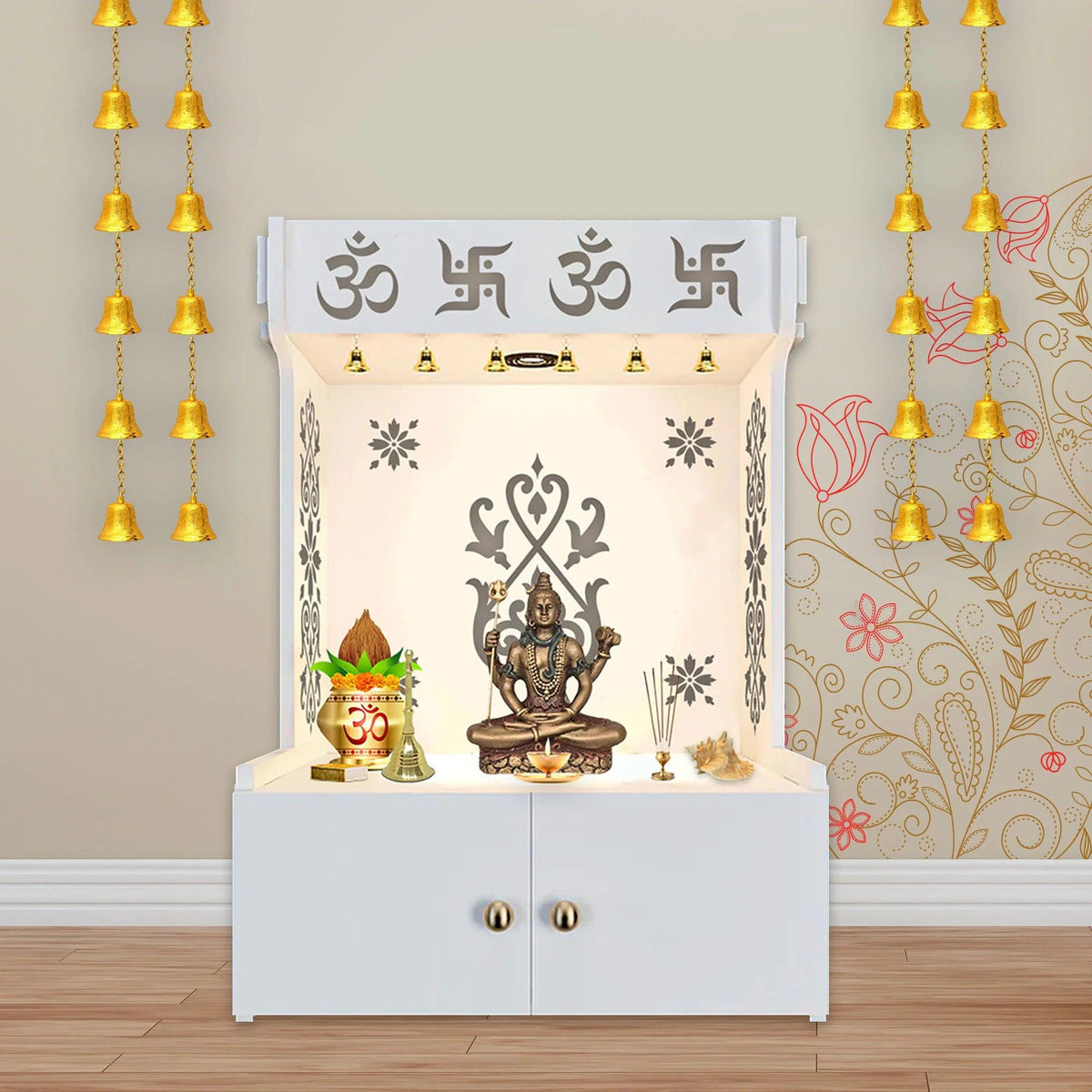 OM Swastika Symbol of Hindu Religious Floor Temple with Spacious Wooden Shelf & Inbuilt Focus Light- White Finish - Decor Mantra 